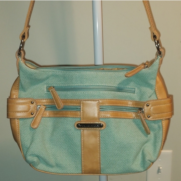 STONE MOUNTAIN SEA GREENISH BLUE CANVAS W/ TAN TRIM SHOULDER BAG & WALLET - Picture 2 of 16
